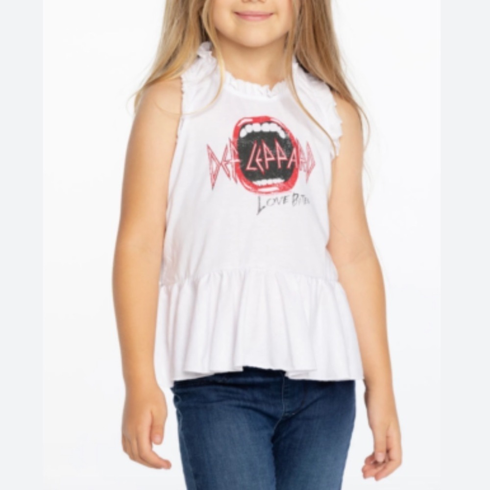 CHASER EUC SZ 5 DEF LEPPARD RUFFLE PEPLUM TANK WHITE